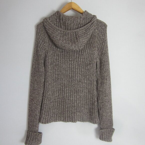 J Crew Womens XL Brown White Marled Cotton 2 Way Zip LS Hooded Cardigan Sweater - Picture 6 of 9